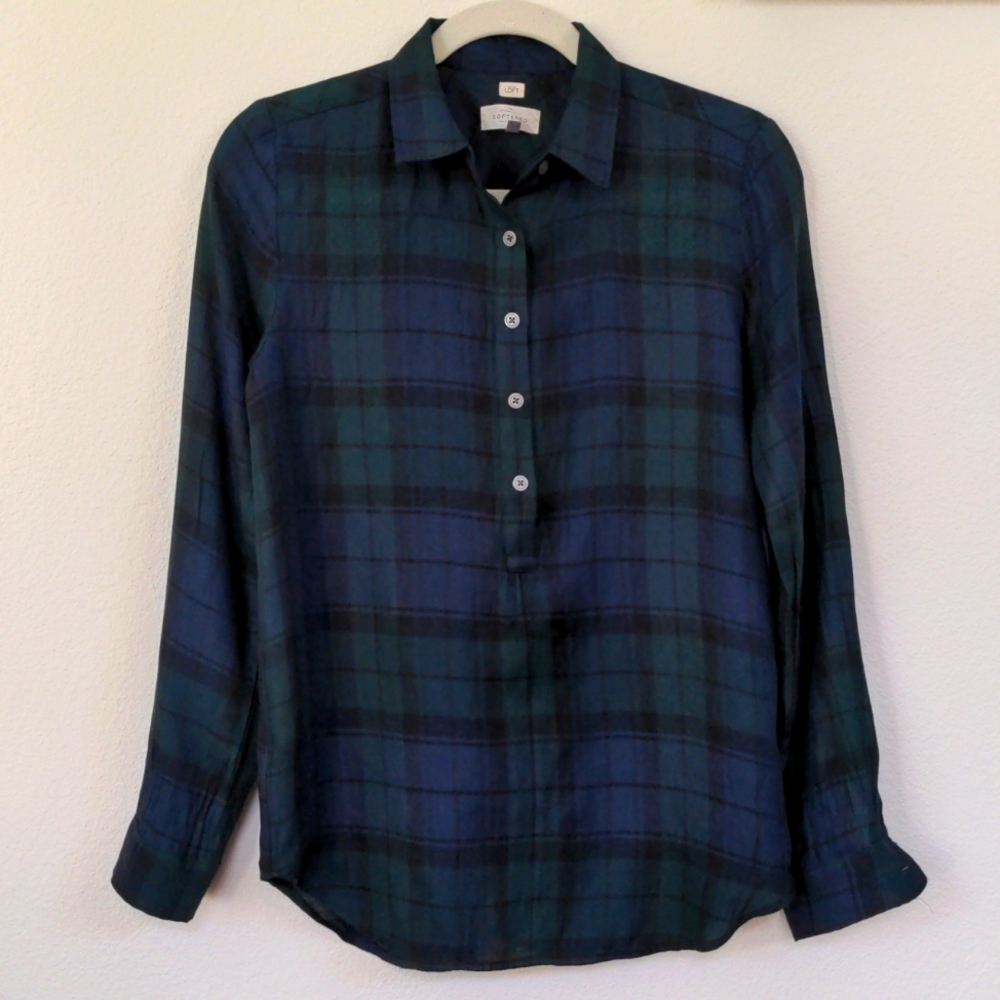 LOFT Green Blue plaid Henley, size S